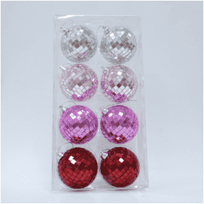 Caja con cuatro adornos colgantes de bolas de espejo en plata, rosa, rojo y rojo intenso