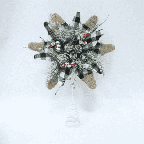 Adorno para la copa del árbol navideño: estrella con estilo bosque de tela de cuadros y cordel de cáñamo