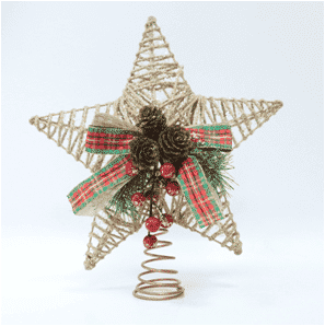 Adorno para la copa del árbol navideño: estrella navideña tejida de varas de viña con cuadros coloridos y polvo dorado