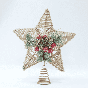 Adorno para la copa del árbol navideño: estrella navideña de cordel de cáñamo con toque de escarcha