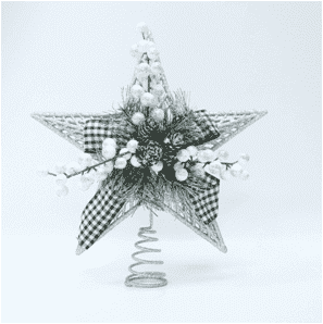 Adorno para la copa del árbol navideño: estrella navideña plateada con listón de cuadros