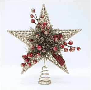 Adorno para la copa del árbol navideño: estrella navideña dorada con listón de cuadros
