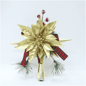 Adorno para la copa del árbol navideño: flor navideña de hojas doradas con listón de cuadros