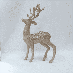 Figurilla de reno con brillo dorado y estrellas