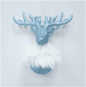 Adorno colgante de reno con bufanda de vello y brillo azul