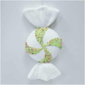 Adorno de caramelito con destellos verdes y multicolores