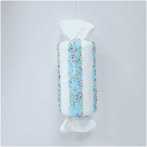 Adorno de caramelito con destellos de azul y polvo brillante