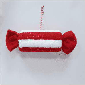 Adorno de caramelito peludo de color rojo y blanco
