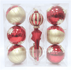 Juego de adornos navideños de bolas en tonos rojo y dorado.