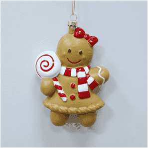 Adorno colgante de niña de pan de jengibre con paleta de caramelo.